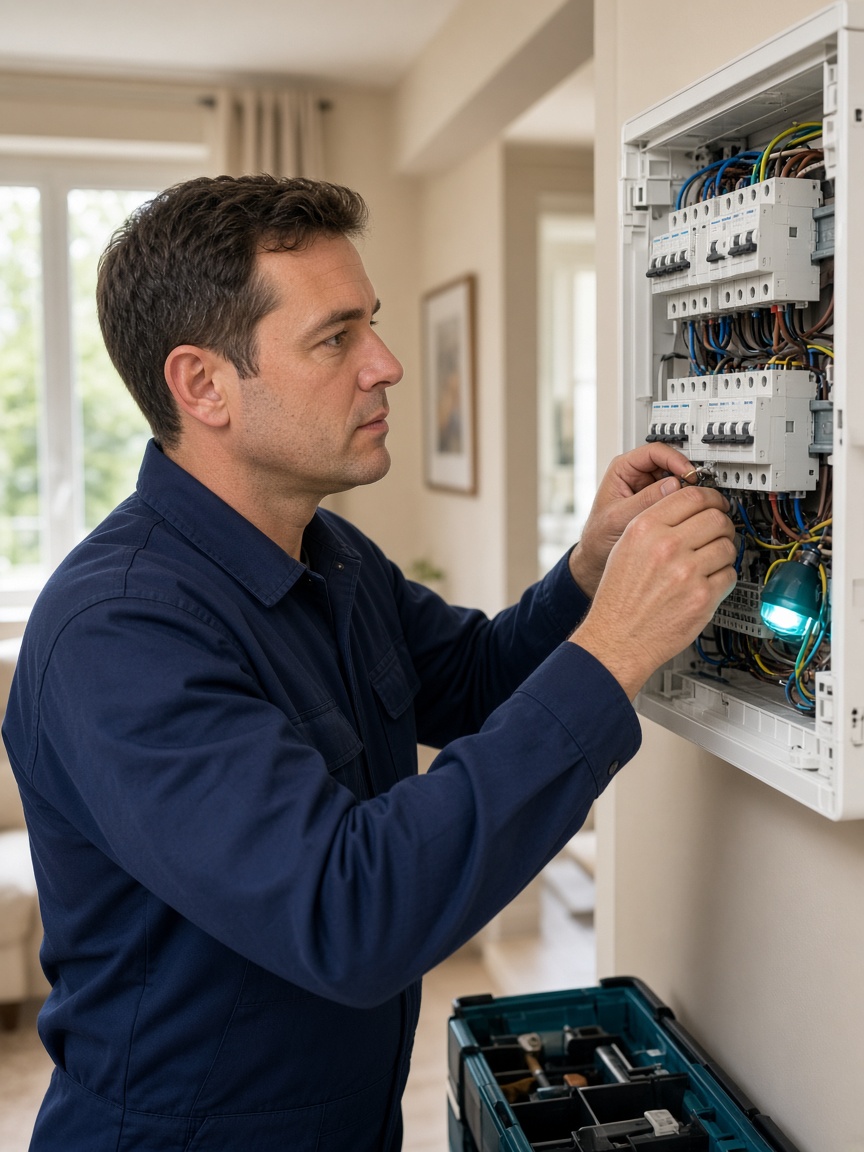 Électricien professionnel intervenant sur un tableau électrique à domicile en Centre-Val de Loire — MonElec